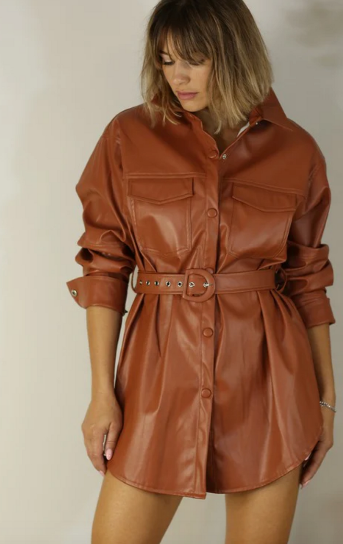 Winona Faux Leather Belted Dress Toffee / M